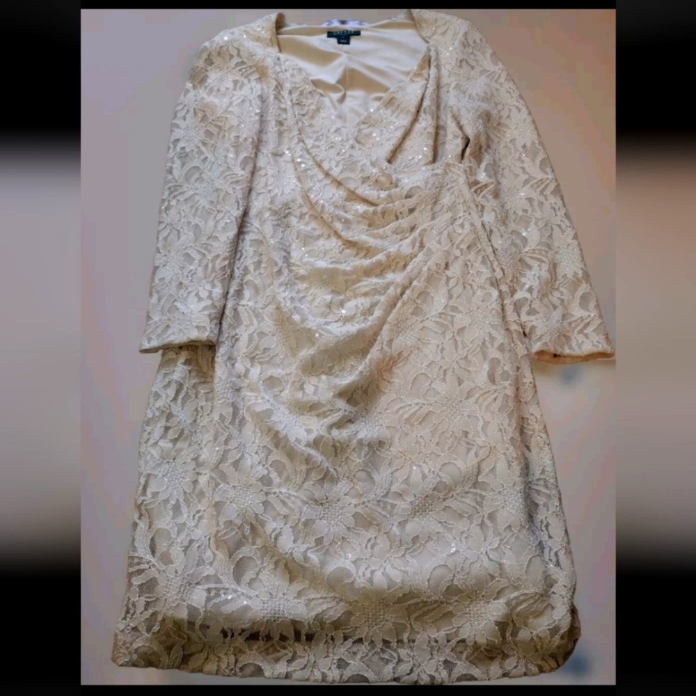 Lauren Ralph Lauren Crochet Lace Dress Women PM Ivory Color 14